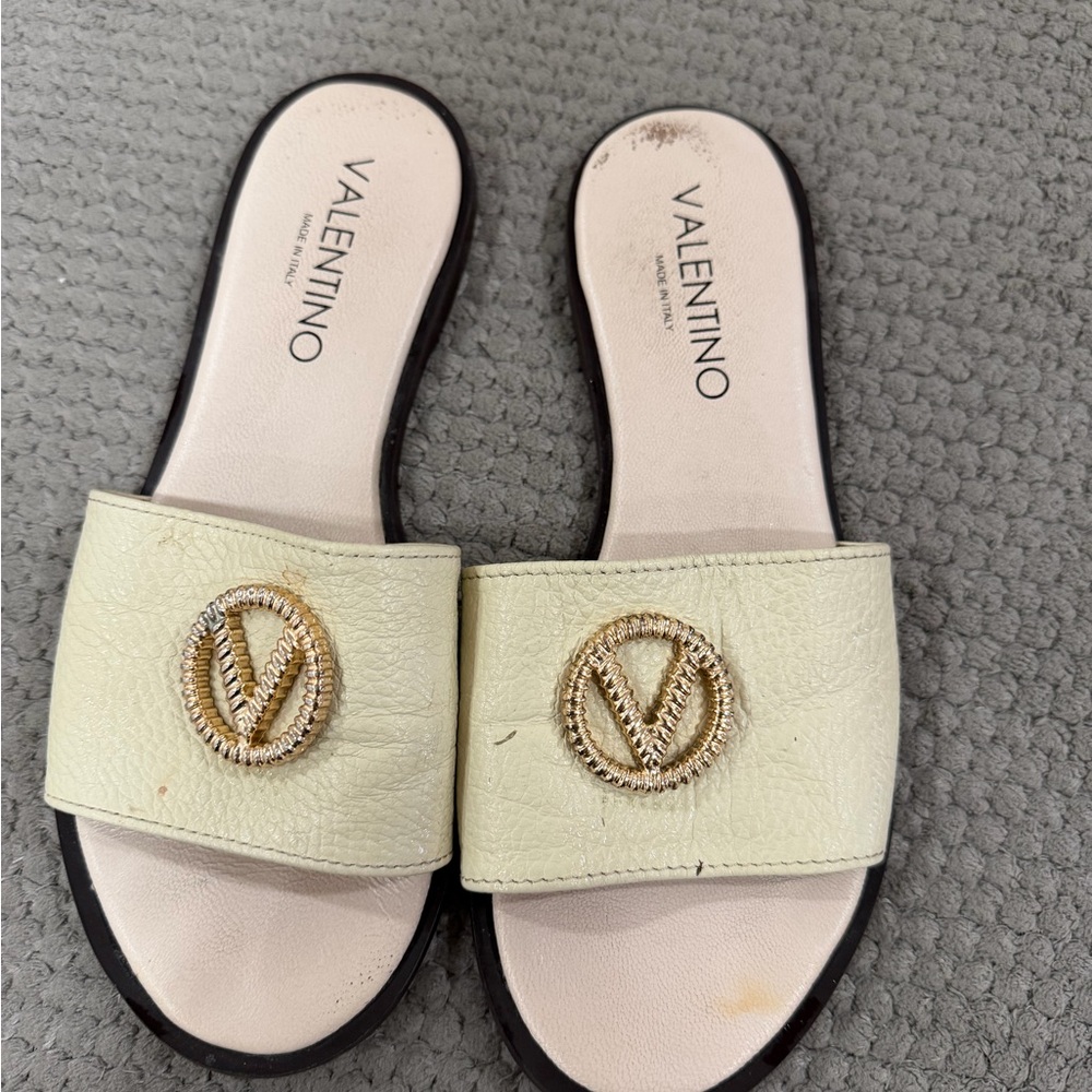 Valentino Light Cream Slide Sandals with Gold Accent